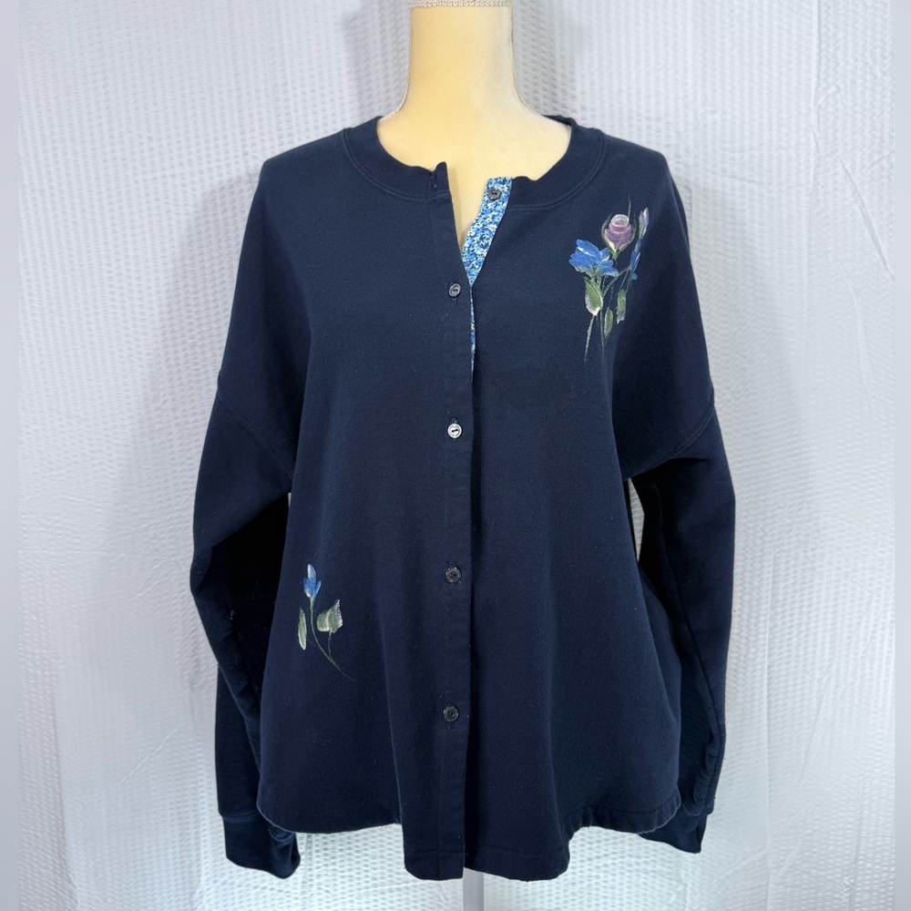 Vintage Women’s Blue Button-Down Cardigan Sweater Floral Embellished Size XL Plu